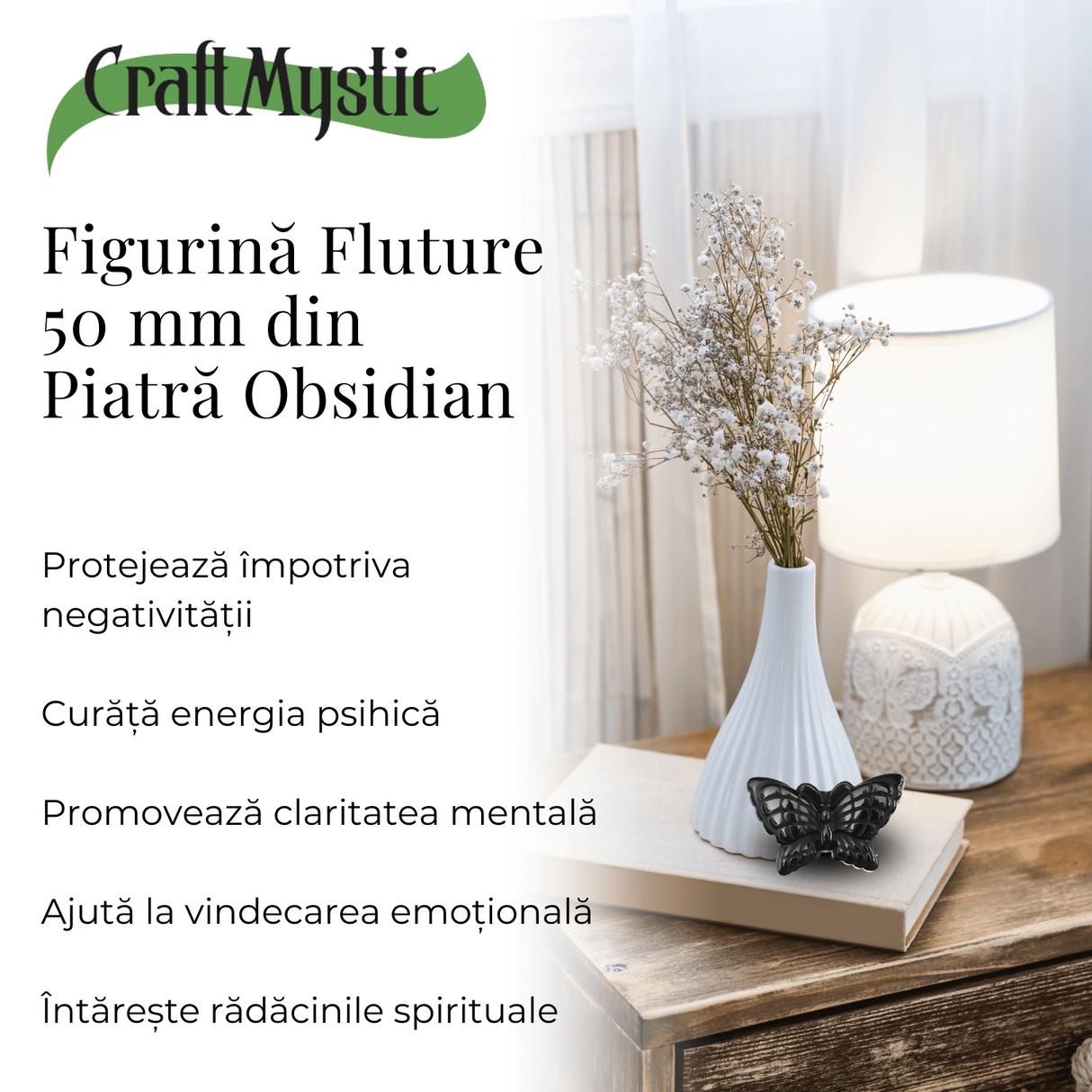 Figurina Fluture din Obsidian Natural, 5 cm - Protectie Energetica si Transformare Spirituala