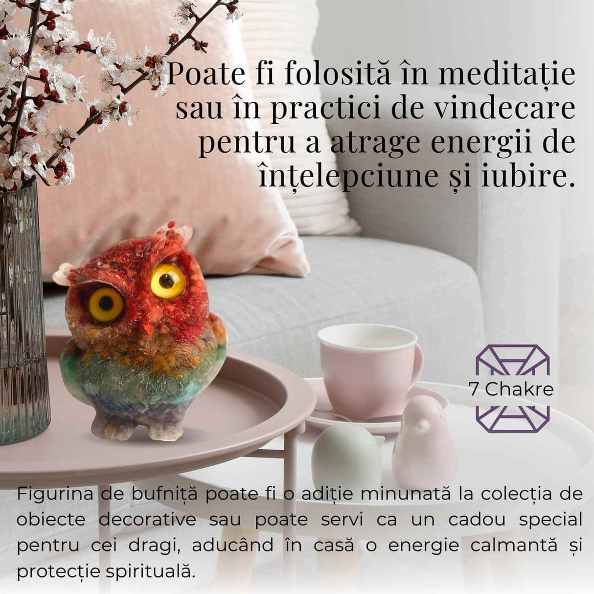 Figurina Bufnita 7 Chakre din Pietre Naturale, Armonie si Echilibru