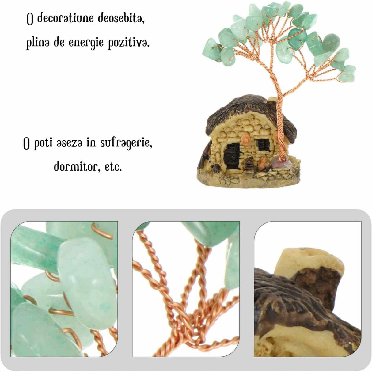 Figurina casuta cu ramuri din cristale naturale Aventurin Verde - Decoratiune interior sau exterior, pentru casa, birou, acvariu