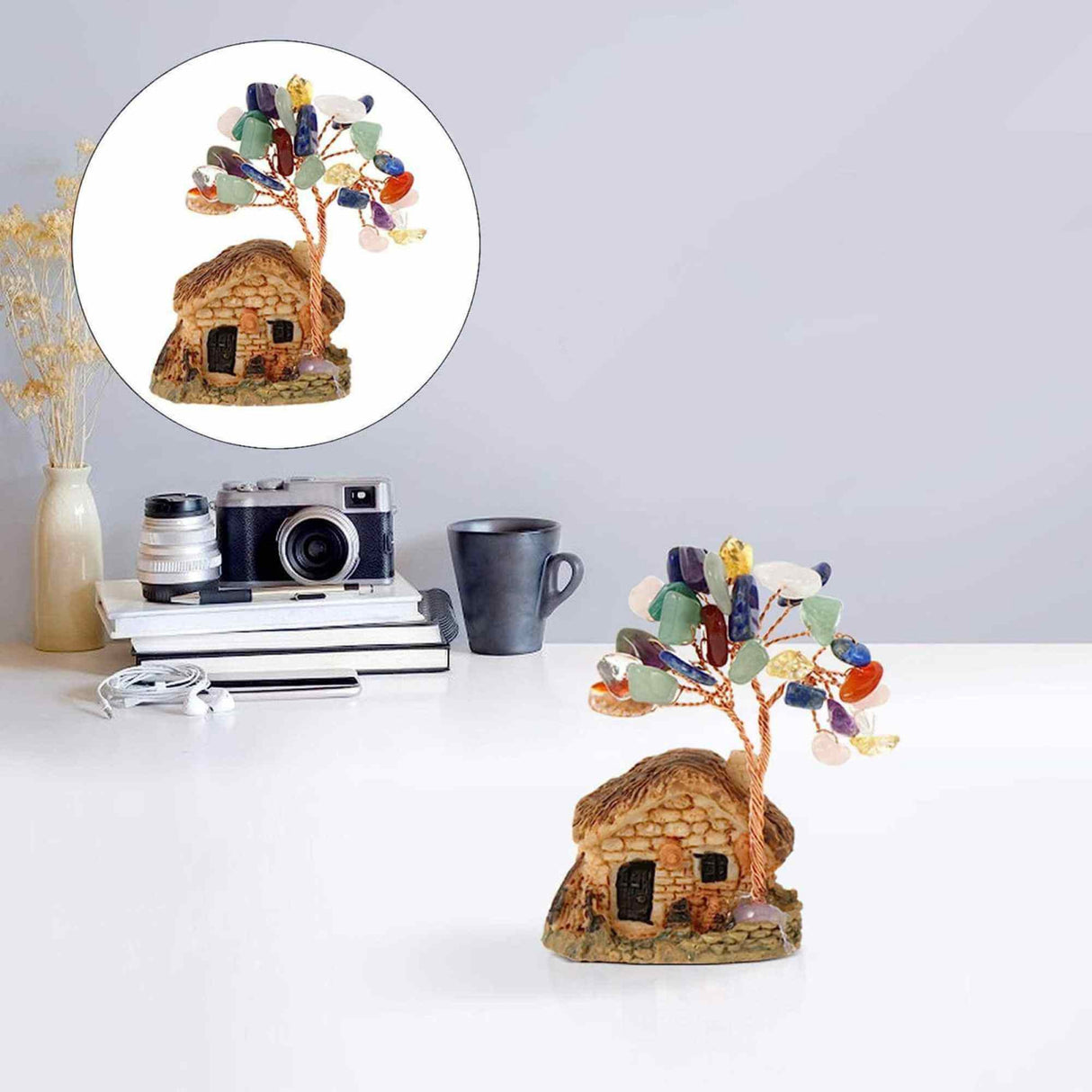 Figurina casuta cu ramuri din cristale naturale 7 chakra - Decoratiune interior sau exterior, pentru casa, birou, acvariu