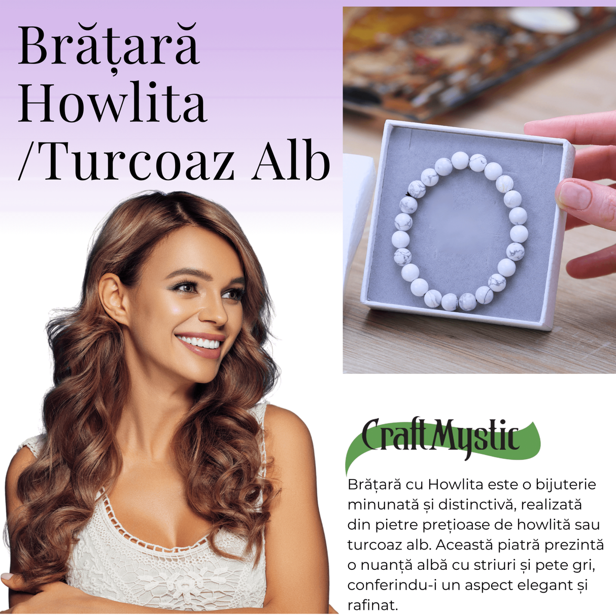 Bratara Elastica cu Margele Naturale de 8mm din Howlita