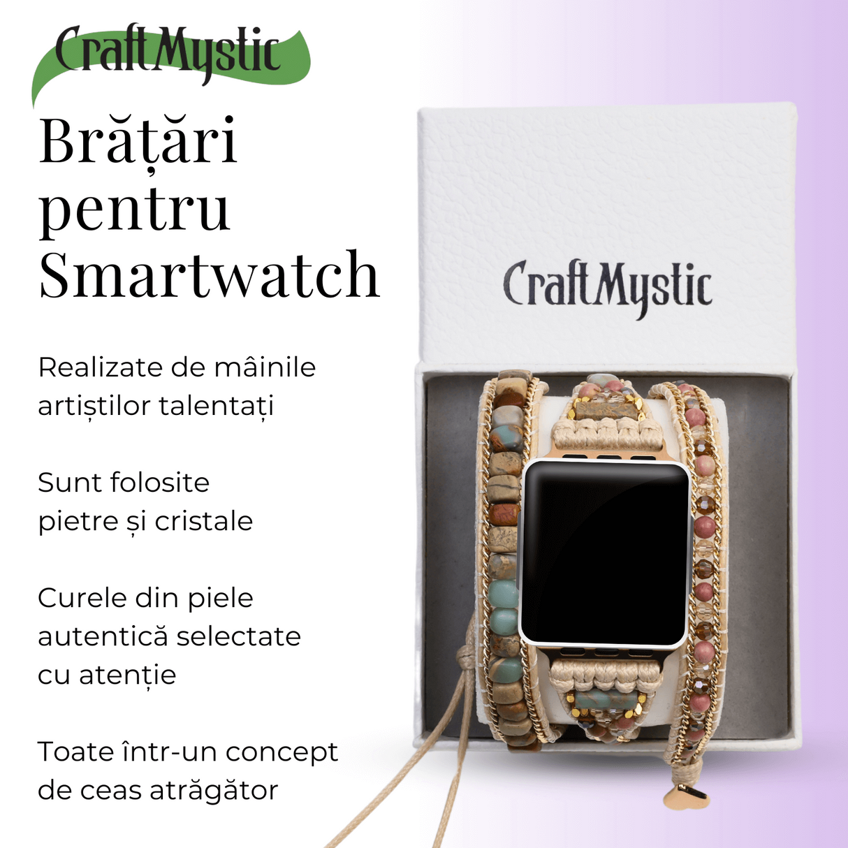 Bratara Boho cu Margele si Pietre Naturale, Compatibila Cureaua Apple Watch