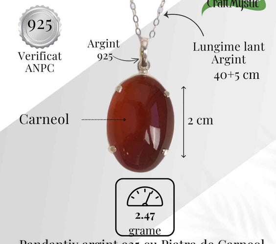 Vitalitate si Curaj Zilnic – Colier Oval cu Carneol si Argint 925