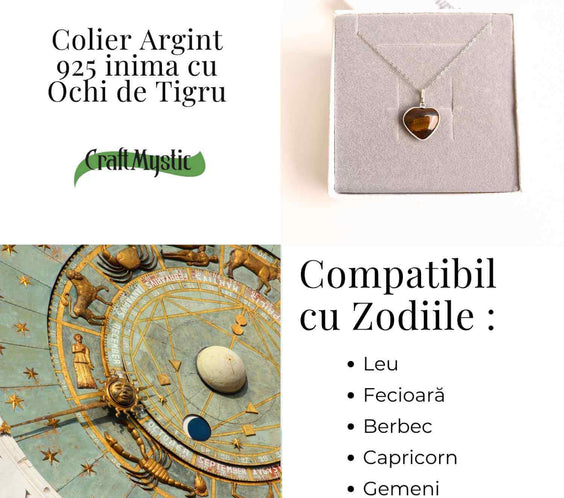 Curaj si Protectie Zilnica – Colier Inima din Argint 925 cu Ochi de Tigru