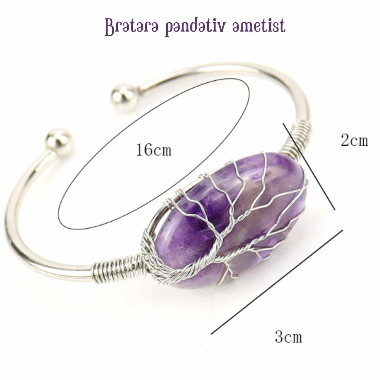  Bratara Argintie cu Pandantiv de Ametist - Eleganta si Echilibru Spiritual, Circumferinta 16 cm