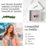 Inel argintiu ajustabil cu vart de Ametist natural, pentru calm si claritate