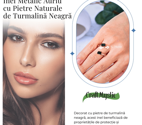 Inel auriu cu dubla Turmalina Neagra, pentru protectie si echilibru