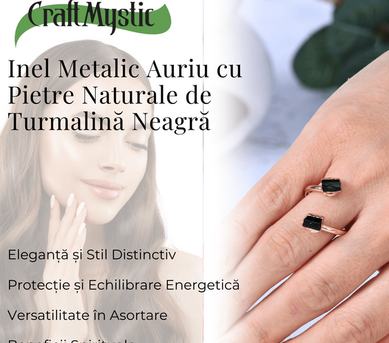 Inel auriu cu dubla Turmalina Neagra, pentru protectie si echilibru