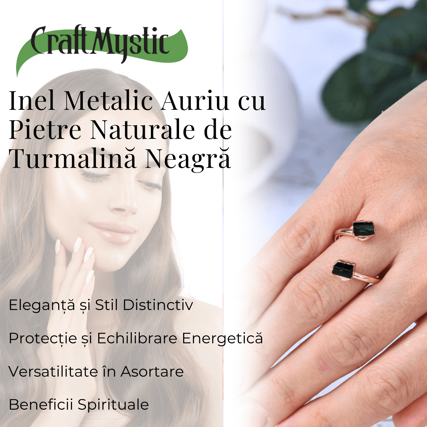 Inel auriu cu dubla Turmalina Neagra, pentru protectie si echilibru