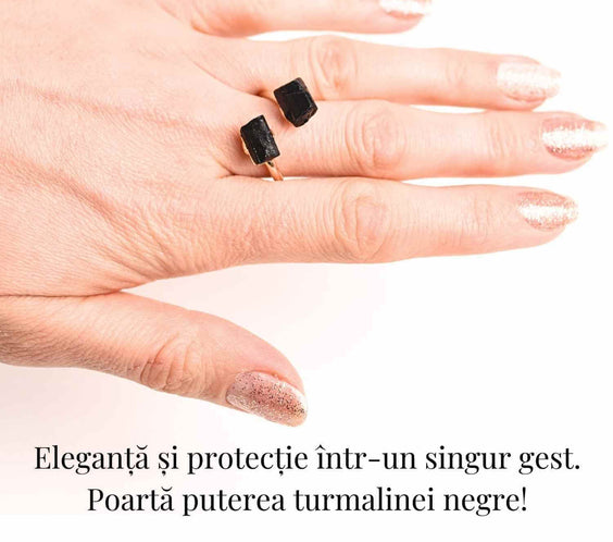Inel auriu cu dubla Turmalina Neagra, pentru protectie si echilibru