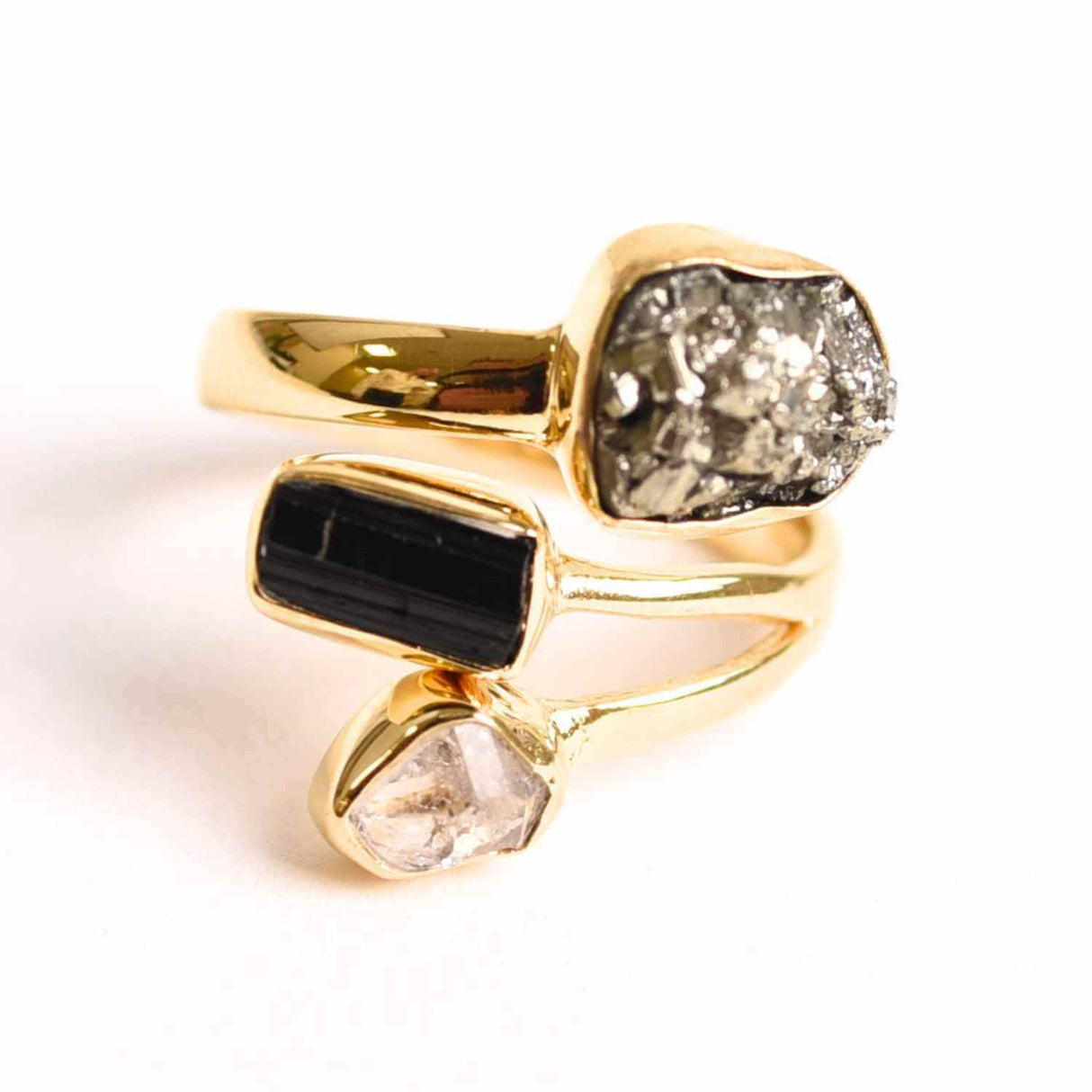 Inel din Argint 925 placat cu Aur de 18K cu Pirita, Turmalina Neagra si Diamant Herkimer 4.35gr , M52 / 6 – Protectie, Claritate și Forta Interioara