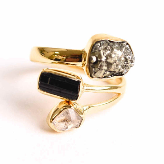 Inel din Argint 925 placat cu Aur de 18K cu Pirita, Turmalina Neagra si Diamant Herkimer 4.35gr , M52 / 6 – Protectie, Claritate și Forta Interioara