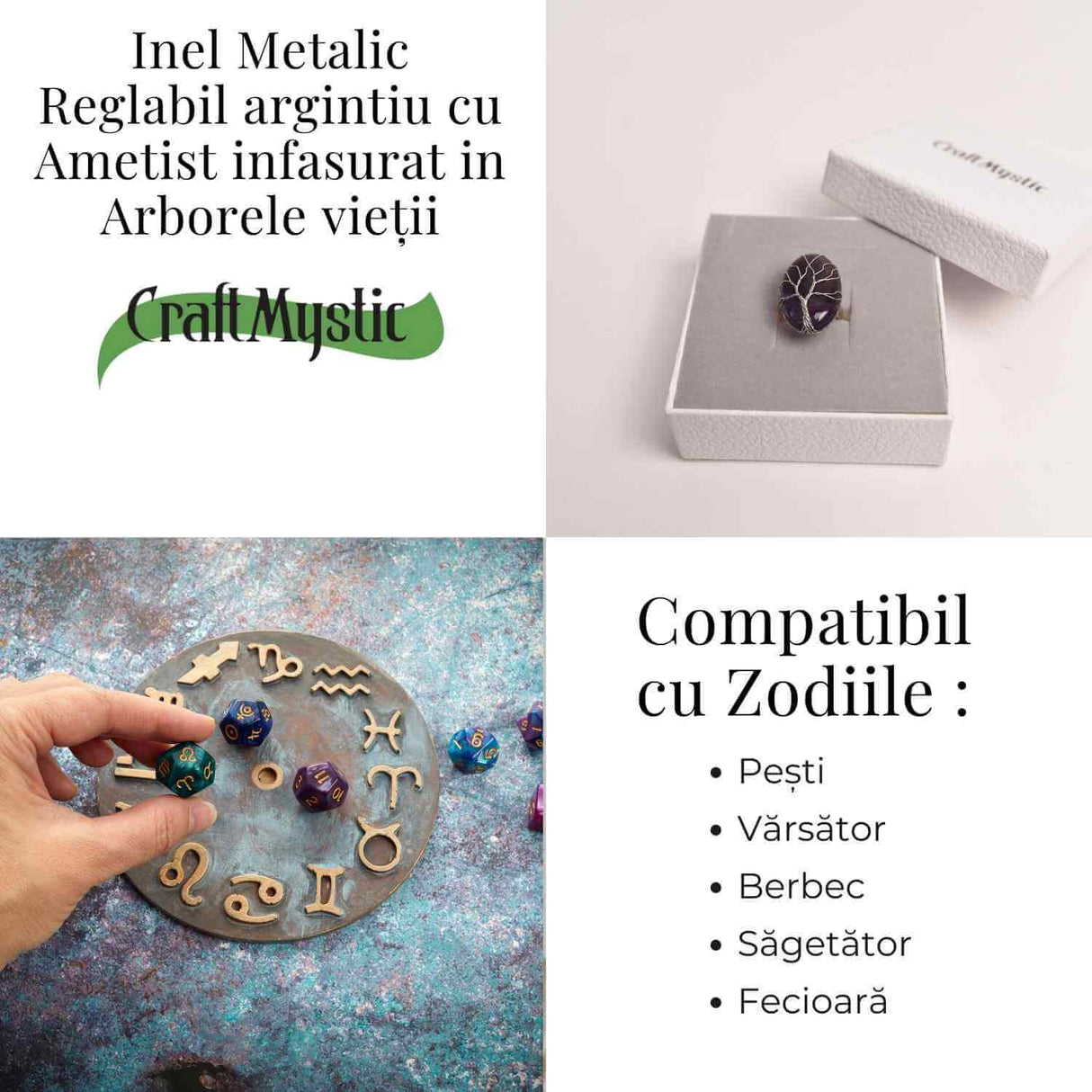 Inel Reglabil cu Ametist si Model Arborele Vietii - Energie si Echilibru