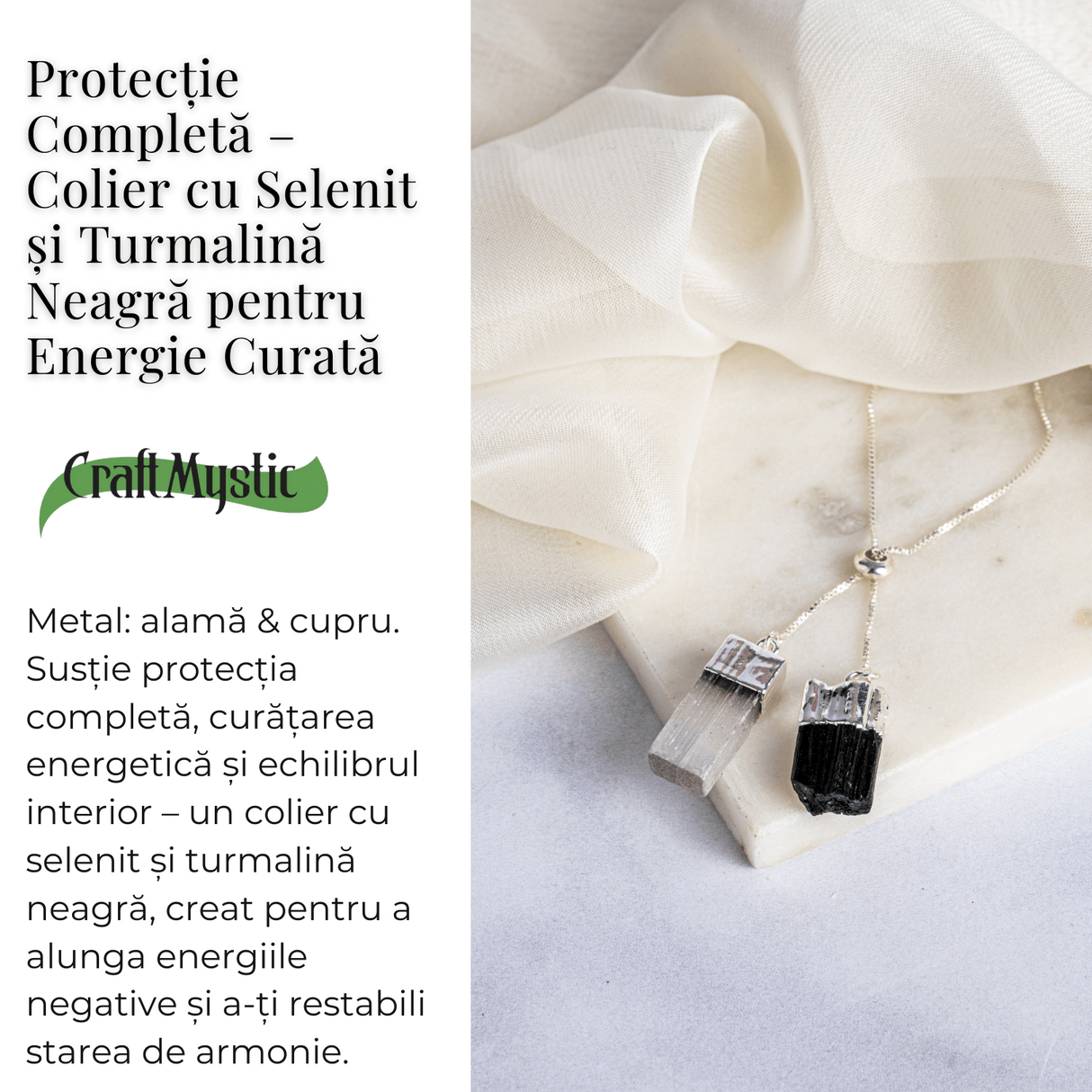 Protectie completa – Colier cu selenit si turmalina neagra pentru energie curata