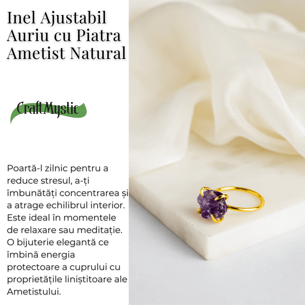Inel reglabil auriu cu Ametist Brut pentru protectie si claritate