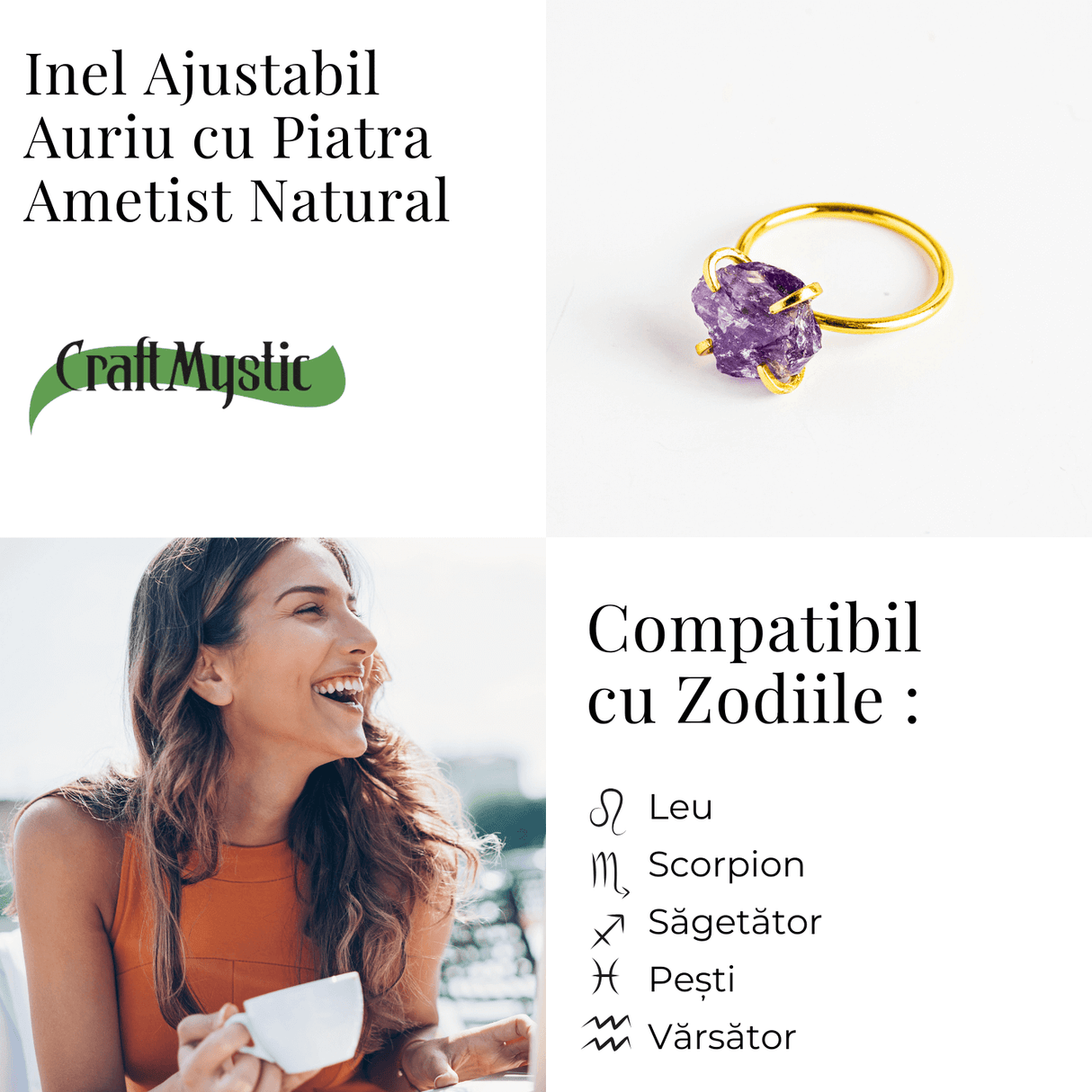 Inel reglabil auriu cu Ametist Brut pentru protectie si claritate