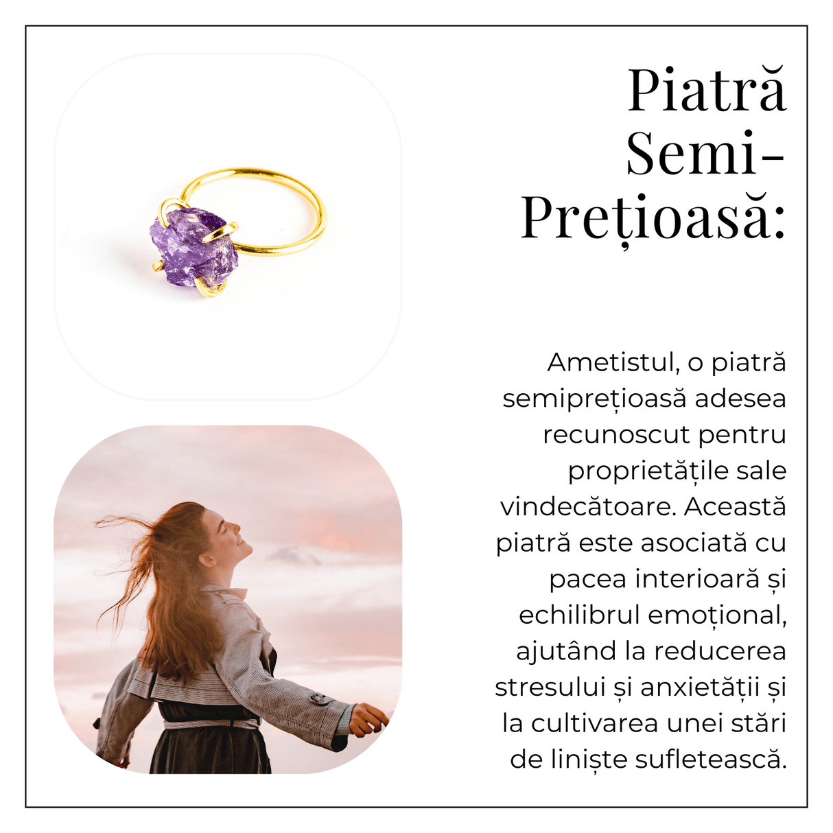 Inel reglabil auriu cu Ametist Brut pentru protectie si claritate