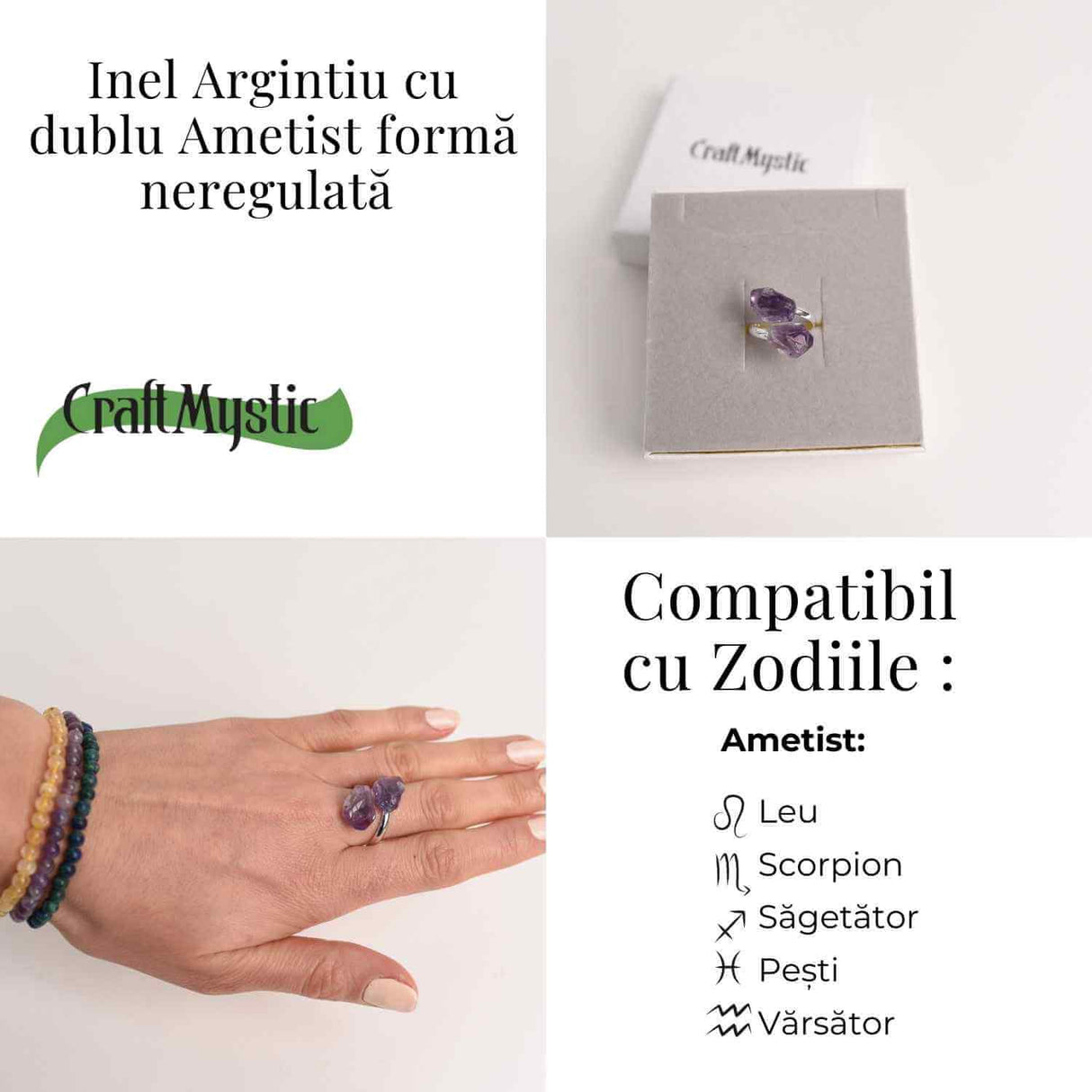 Inel Argintiu Reglabil cu Dublu Ametist - Eleganta si Energie Pozitiva
