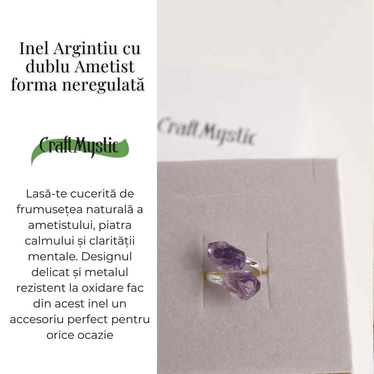 Inel Argintiu Reglabil cu Dublu Ametist - Eleganta si Energie Pozitiva