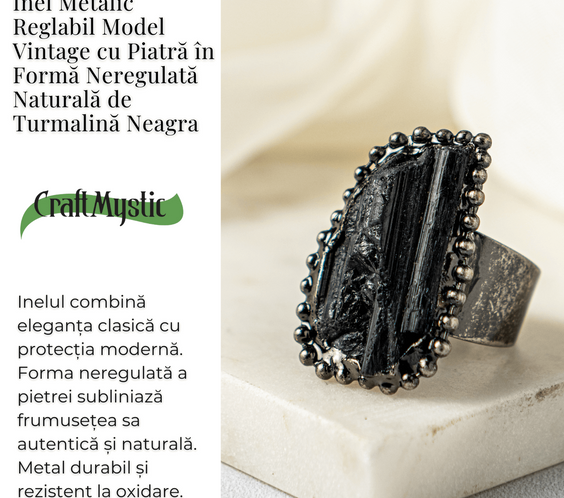 Inel Reglabil Vintage cu Turmalina Neagra – Protectie Energetica