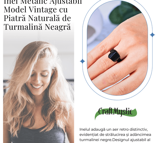 Inel vintage ajustabil cu Turmalina Neagra, pentru protectie si echilibru energetic