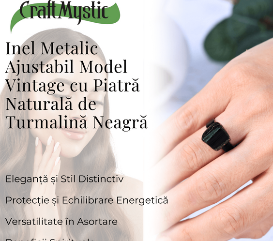 Inel vintage ajustabil cu Turmalina Neagra, pentru protectie si echilibru energetic