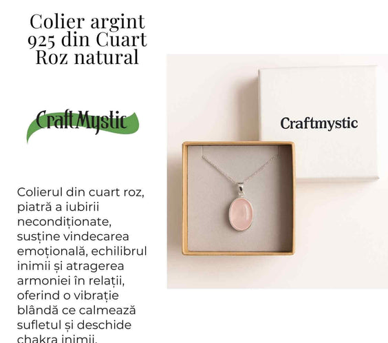 Colier cu argint 925 si piatra din cuart roz natural 9.46 - 10.04 grame – Echilibru si iubire profunda