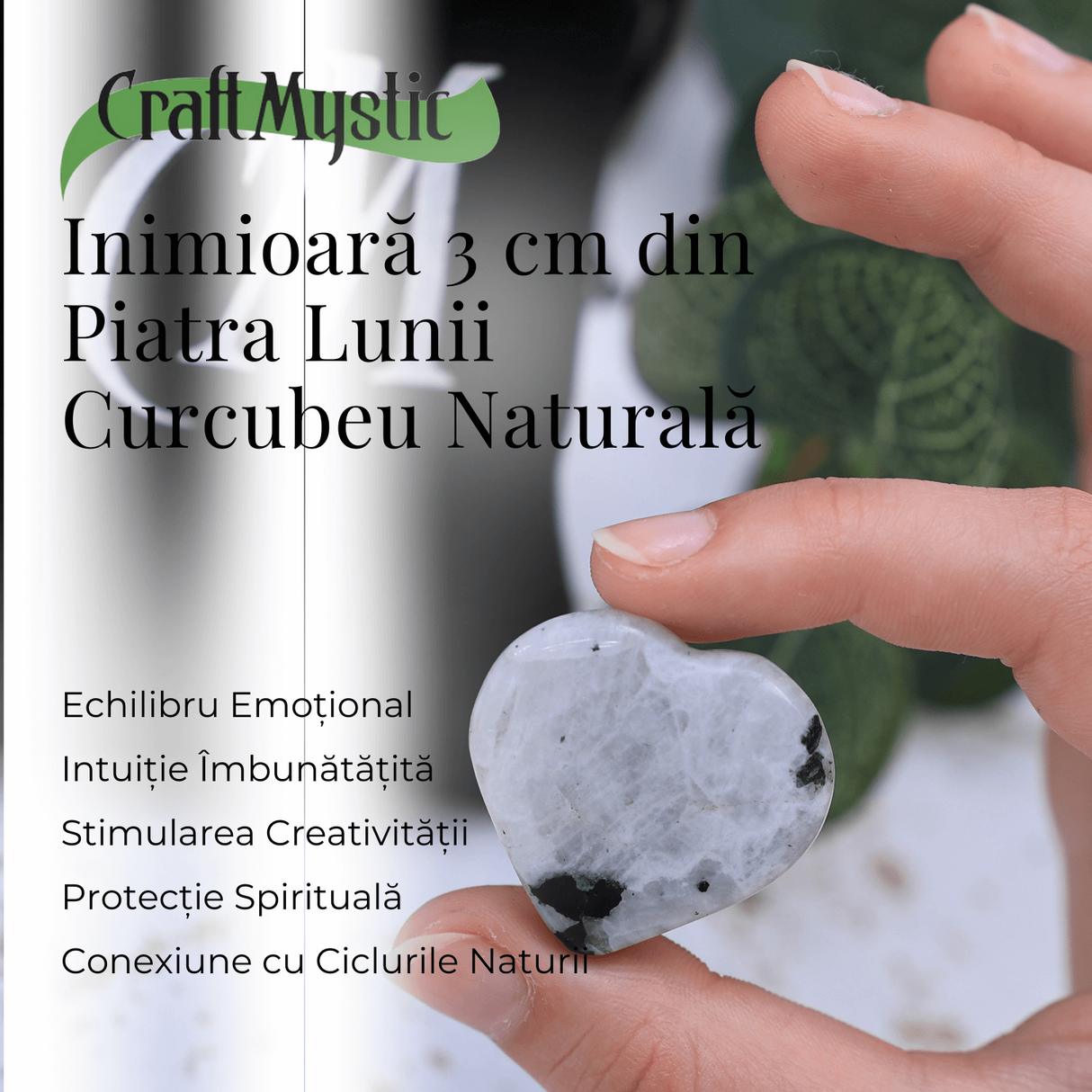 Inima Sculptata Manual din Piatra Lunii Curcubeu - Armonie si Liniste