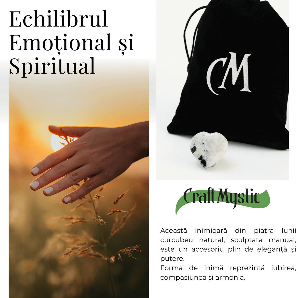 Inima Sculptata Manual din Piatra Lunii Curcubeu - Armonie si Liniste