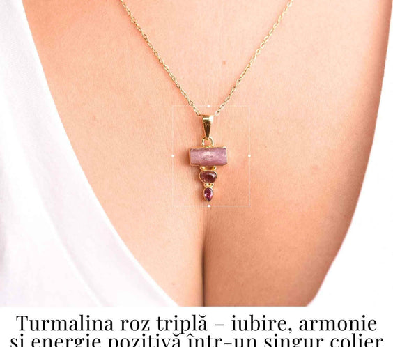 Iubire si Armonie Interioara – Colier inox si pandantiv argint 925 placat cu aur de18k si Triplu Turmalina Roz