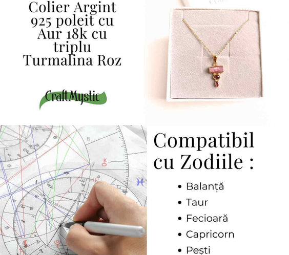 Iubire si Armonie Interioara – Colier inox si pandantiv argint 925 placat cu aur de18k si Triplu Turmalina Roz