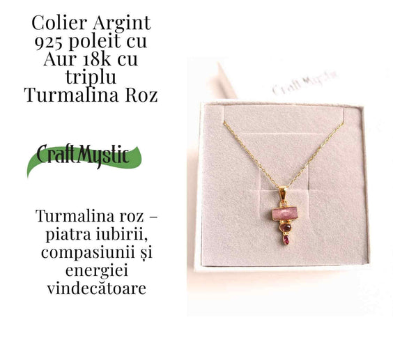 Iubire si Armonie Interioara – Colier inox si pandantiv argint 925 placat cu aur de18k si Triplu Turmalina Roz