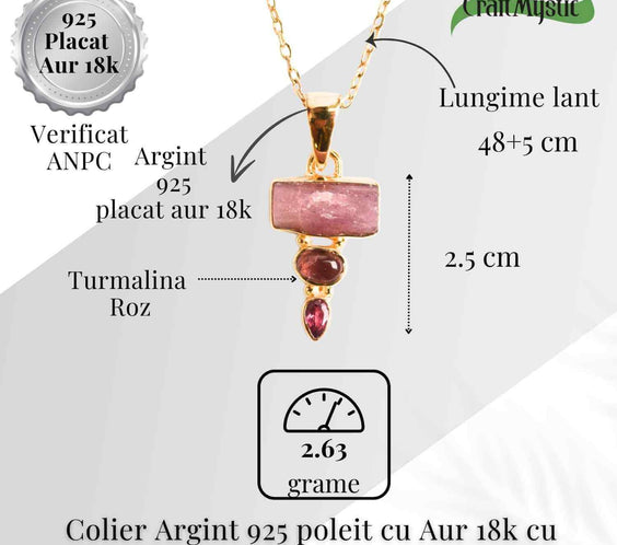 Iubire si Armonie Interioara – Colier inox si pandantiv argint 925 placat cu aur de18k si Triplu Turmalina Roz