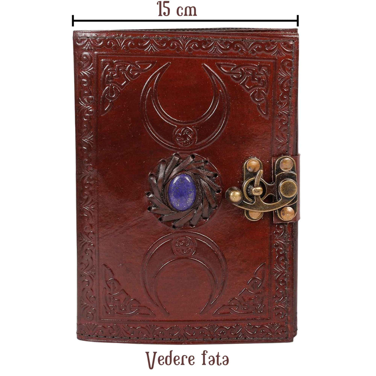 Jurnal din Piele design cu Tripla Luna si piatra semipretioasa Lapis Lazuli - Hartie Vintage tip pergament Ideal pentru Schite si Notite, 20 x 15 cm cm