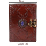 Jurnal din Piele design cu Tripla Luna si piatra semipretioasa Lapis Lazuli - Hartie Vintage tip pergament Ideal pentru Schite si Notite, 20 x 15 cm cm
