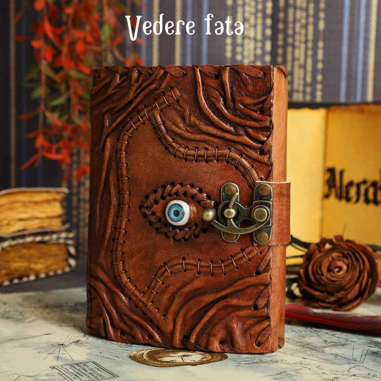 Jurnal Handmade din Piele cu Blocare si Design Carte Hocus Pocus - Hartie Vintage Tip Pergament, Ochiul Al Treilea 190-200 pagini Maro