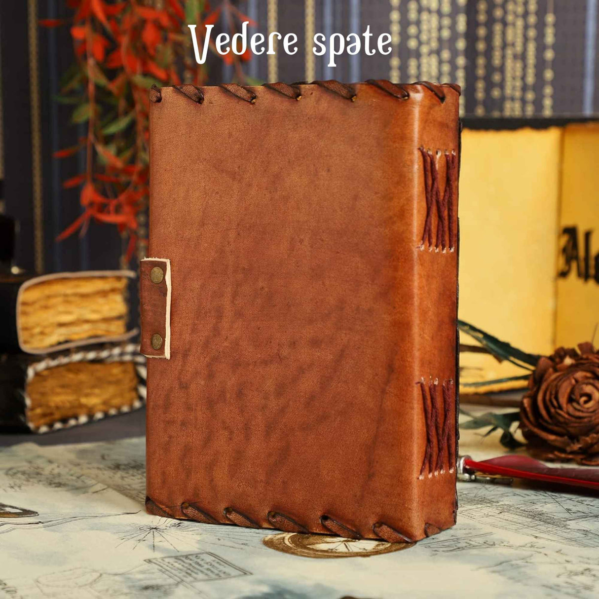 Jurnal Handmade din Piele cu Blocare si Design Carte Hocus Pocus - Hartie Vintage Tip Pergament, Ochiul Al Treilea 190-200 pagini Maro