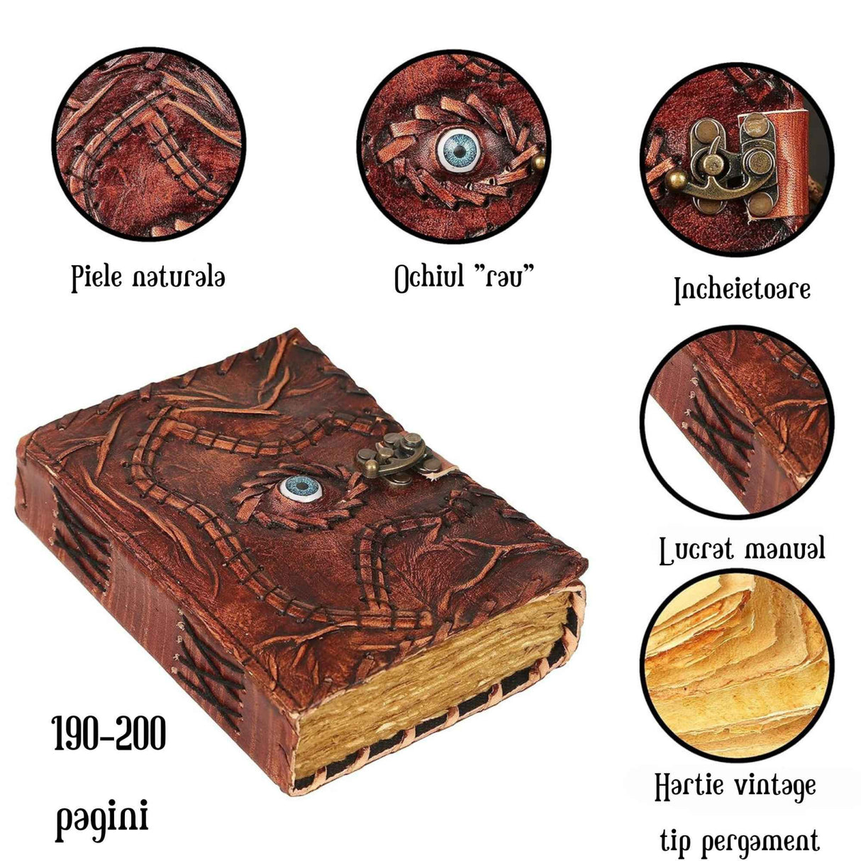 Jurnal Handmade din Piele cu Blocare si Design Carte Hocus Pocus - Hartie Vintage Tip Pergament, Ochiul Al Treilea 190-200 pagini Maro