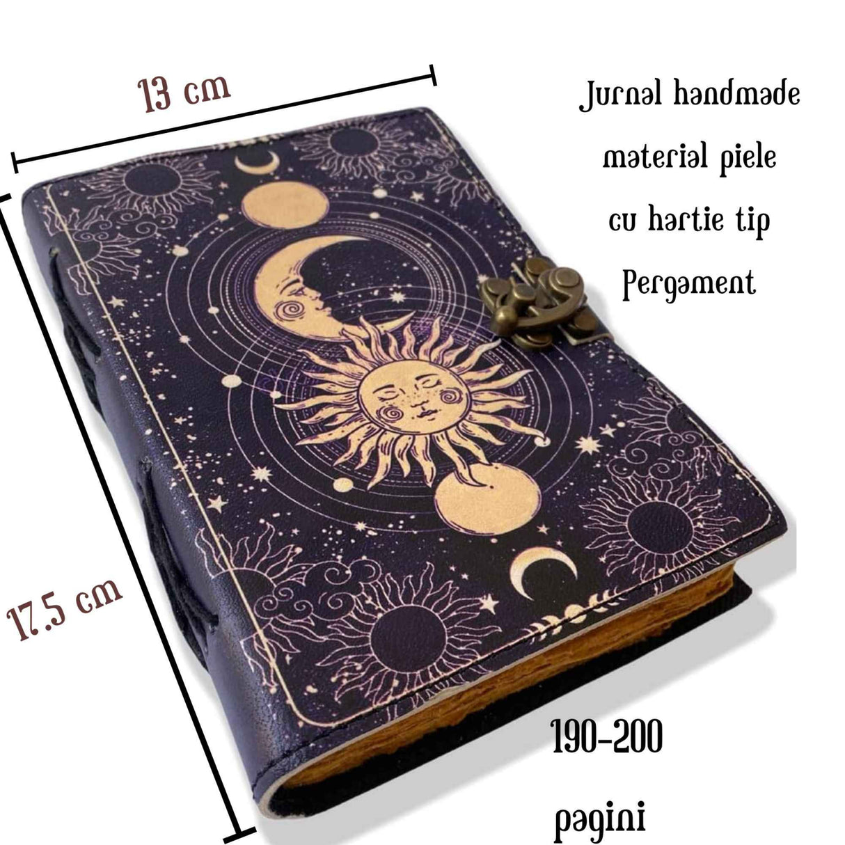 Jurnal Vintage din Piele cu Design Soare si Luna - Manual, cu Pagini de Hartie tip pergament 190-200 Pagini