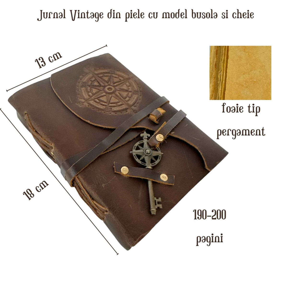 Jurnal Vintage din Piele cu Busola - Jurnal Antic Manual Legat cu Hartie Cu Margine Neregulata, Caiet din Piele pentru Schite si Desene