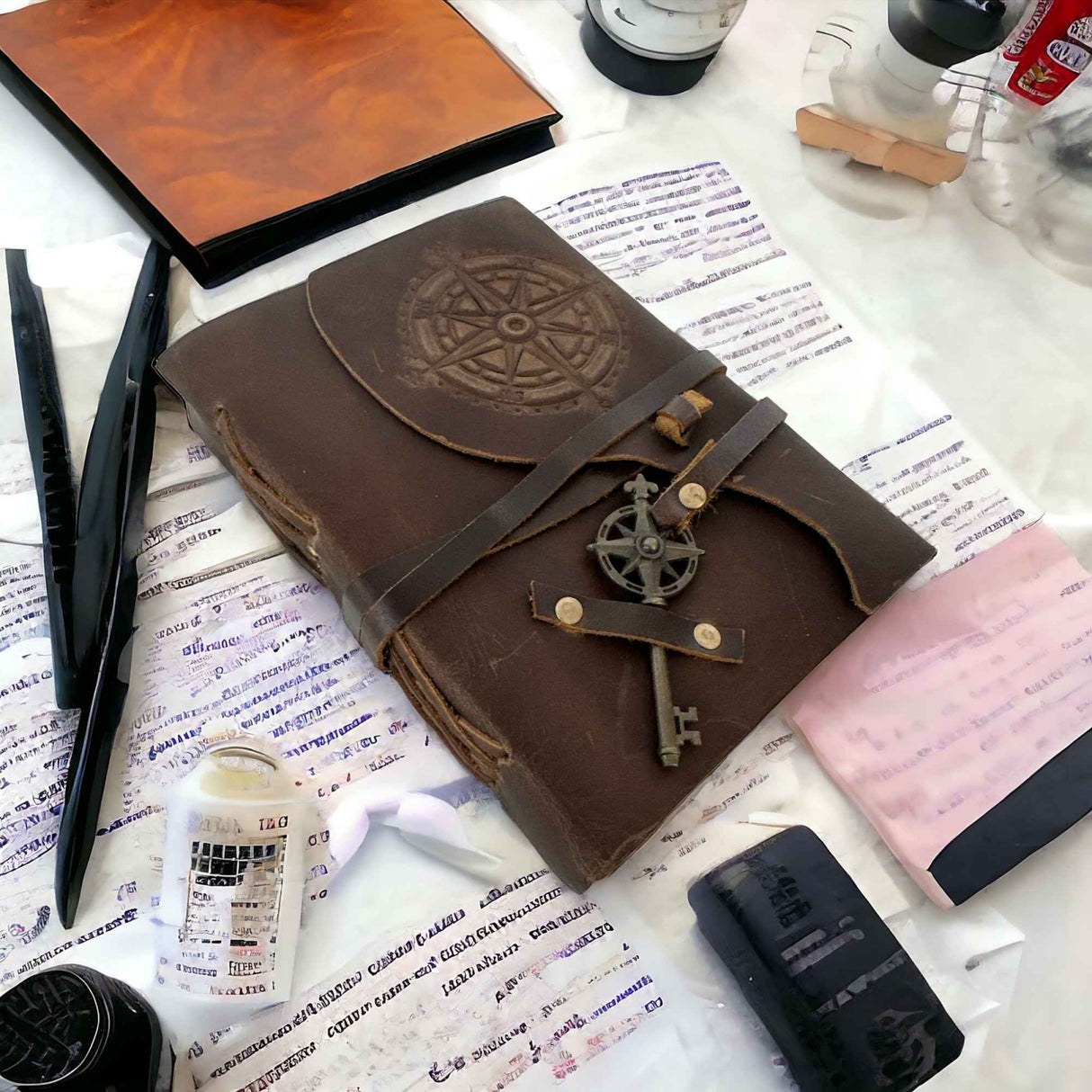 Jurnal Vintage din Piele cu Busola - Jurnal Antic Manual Legat cu Hartie Cu Margine Neregulata, Caiet din Piele pentru Schite si Desene