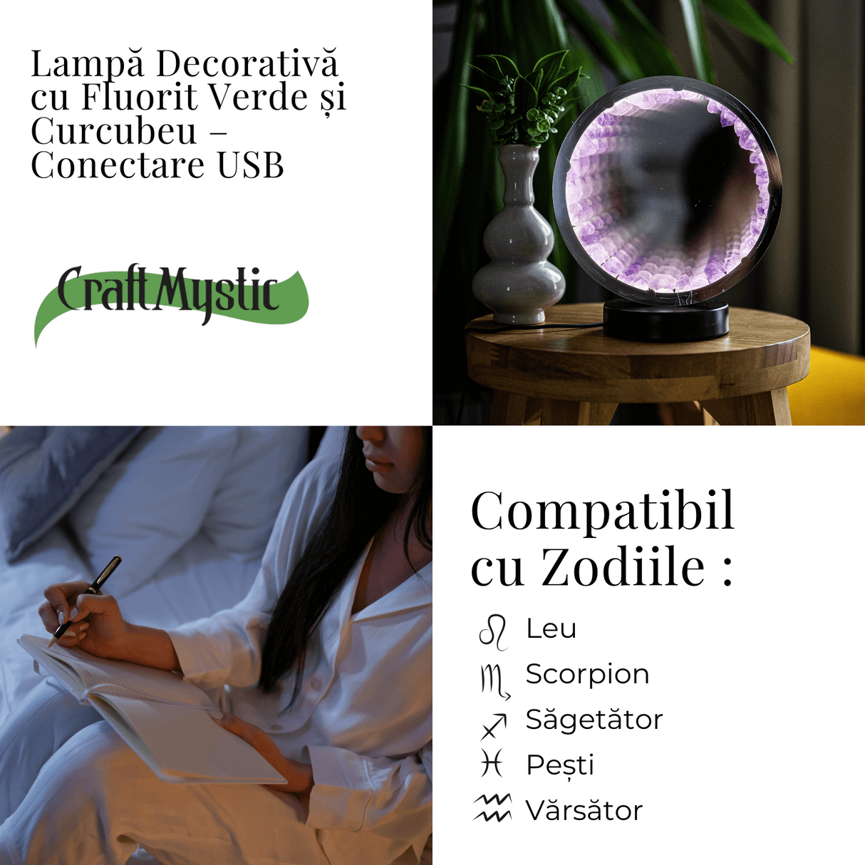 Lampa cu Oglinda si Ametist Natural – Decor cu Iluminare Magica si Cristale Energetice