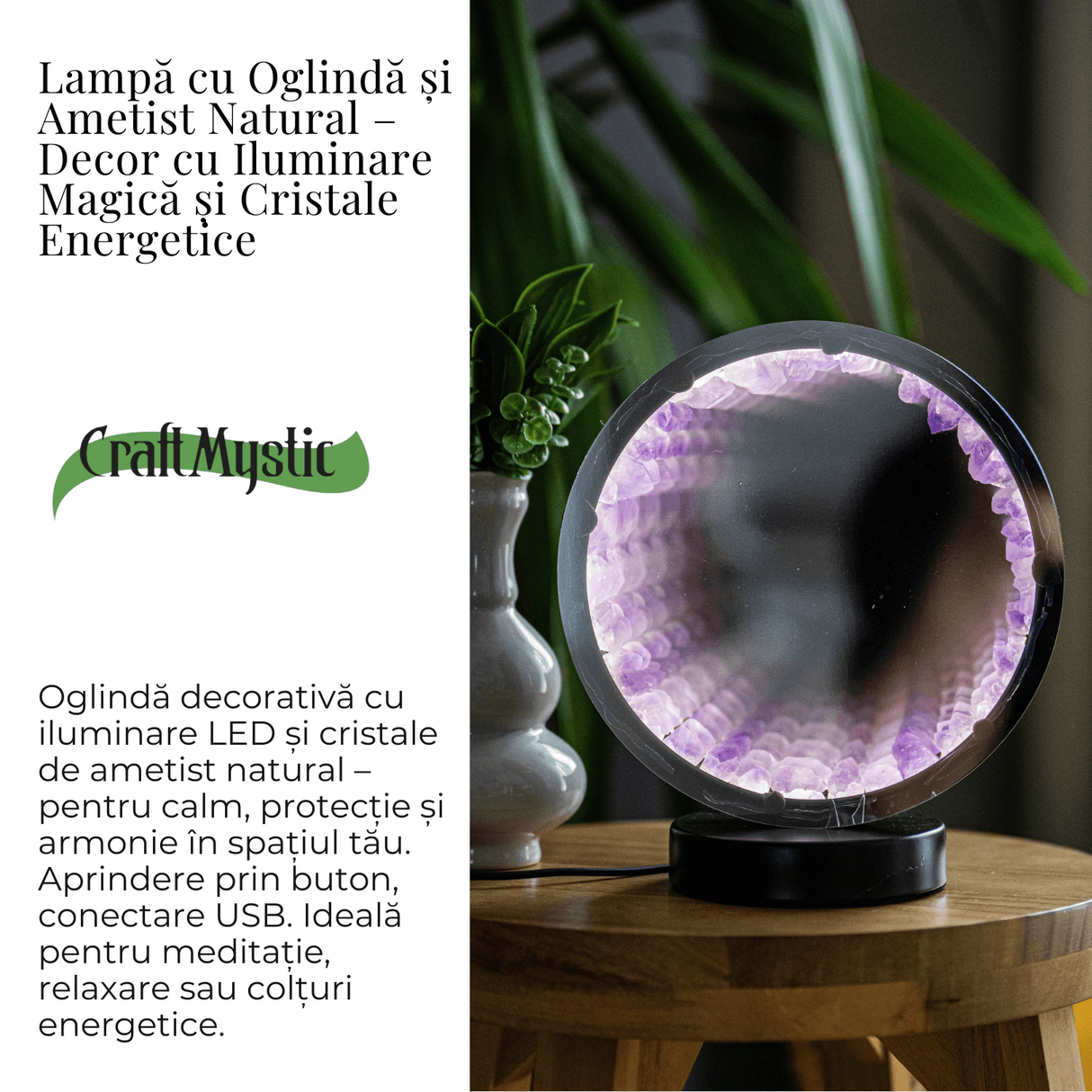 Lampa cu Oglinda si Ametist Natural – Decor cu Iluminare Magica si Cristale Energetice
