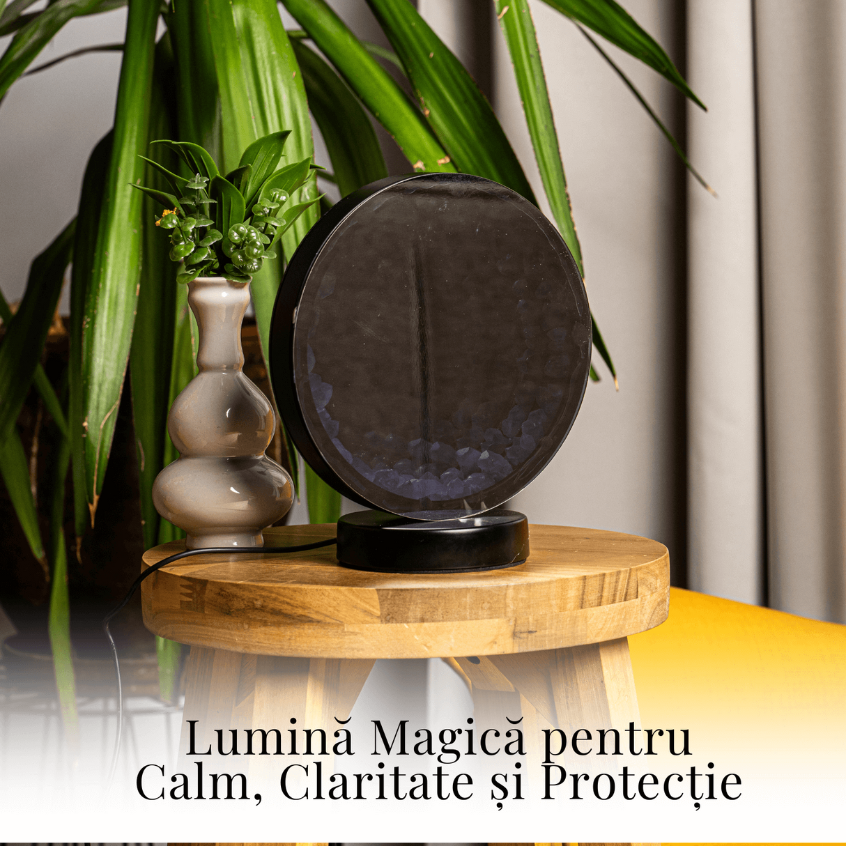Lampa cu Oglinda si Ametist Natural – Decor cu Iluminare Magica si Cristale Energetice