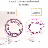 Lampa de noapte rotunda cu cristale ametist brut si rulat – energie pozitiva pentru relaxare