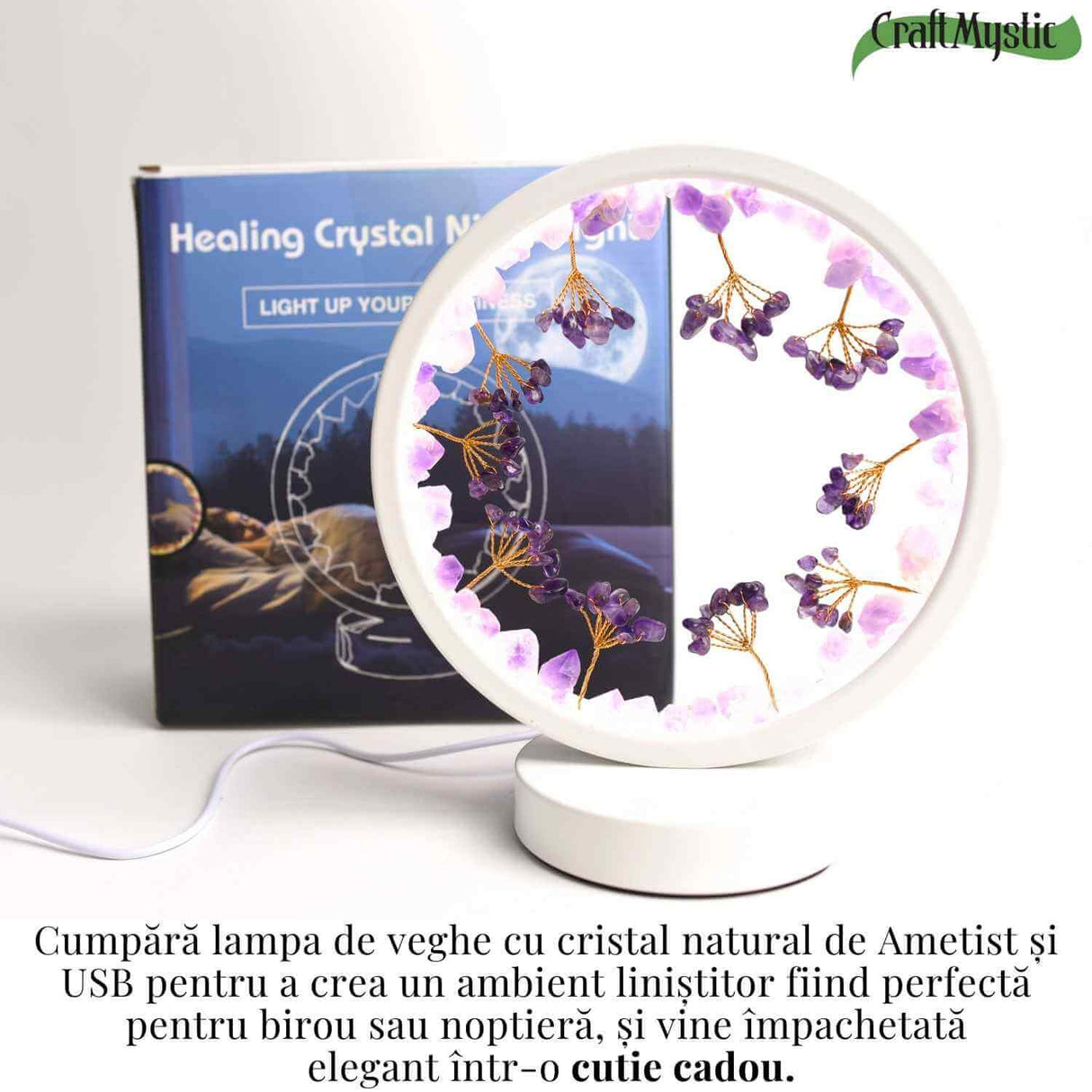 Lampa de noapte rotunda cu cristale ametist brut si rulat – energie pozitiva pentru relaxare