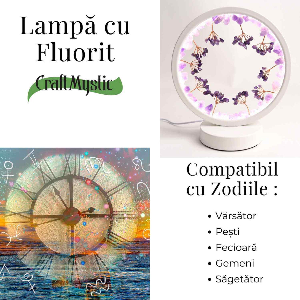 Lampa de noapte rotunda cu cristale ametist brut si rulat – energie pozitiva pentru relaxare