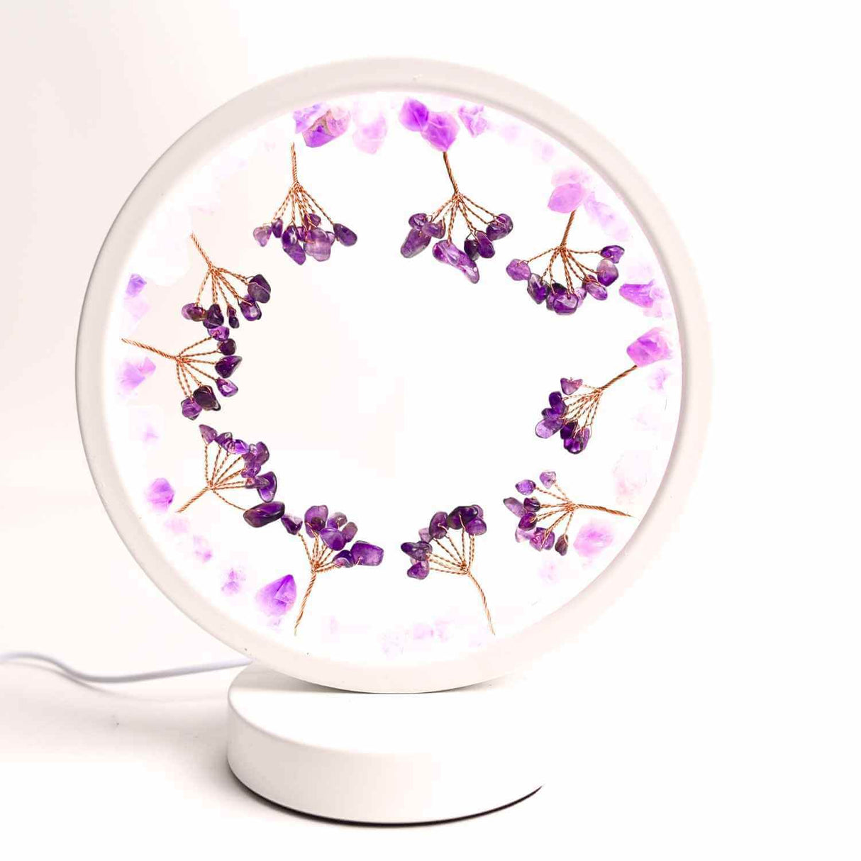Lampa de noapte rotunda cu cristale ametist brut si rulat – energie pozitiva pentru relaxare