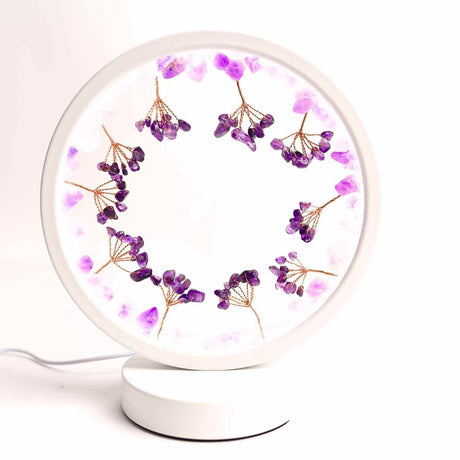 Lampa de noapte rotunda cu cristale ametist brut si rulat – energie pozitiva pentru relaxare