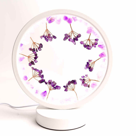 Lampa de noapte rotunda cu cristale ametist brut si rulat – energie pozitiva pentru relaxare